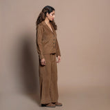 Right View of a Model wearing Camel Brown Cotton Velvet Shirt and Pant Set