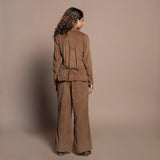 Back View of a Model wearing Camel Brown Cotton Velvet Shirt and Pant Set