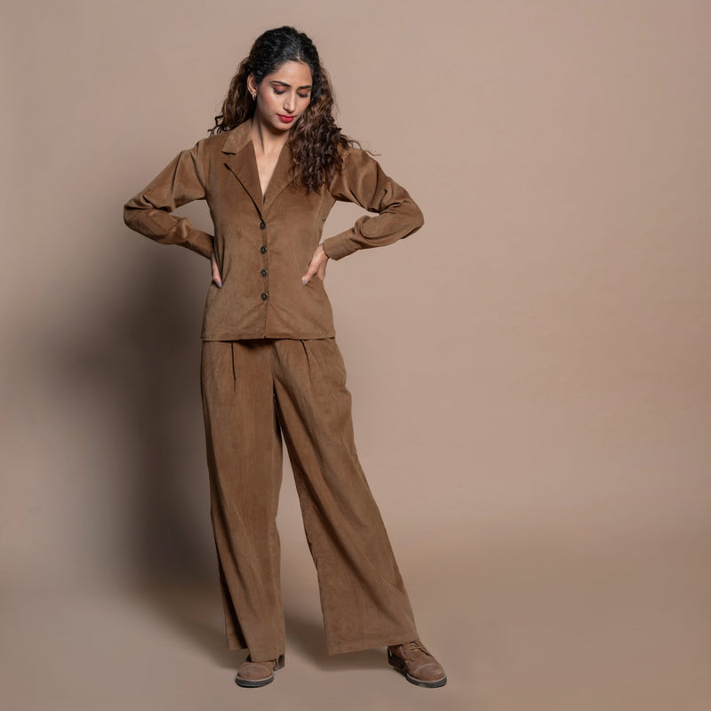 Front View of a Model wearing Camel Brown Cotton Velvet Shirt and Pant Set