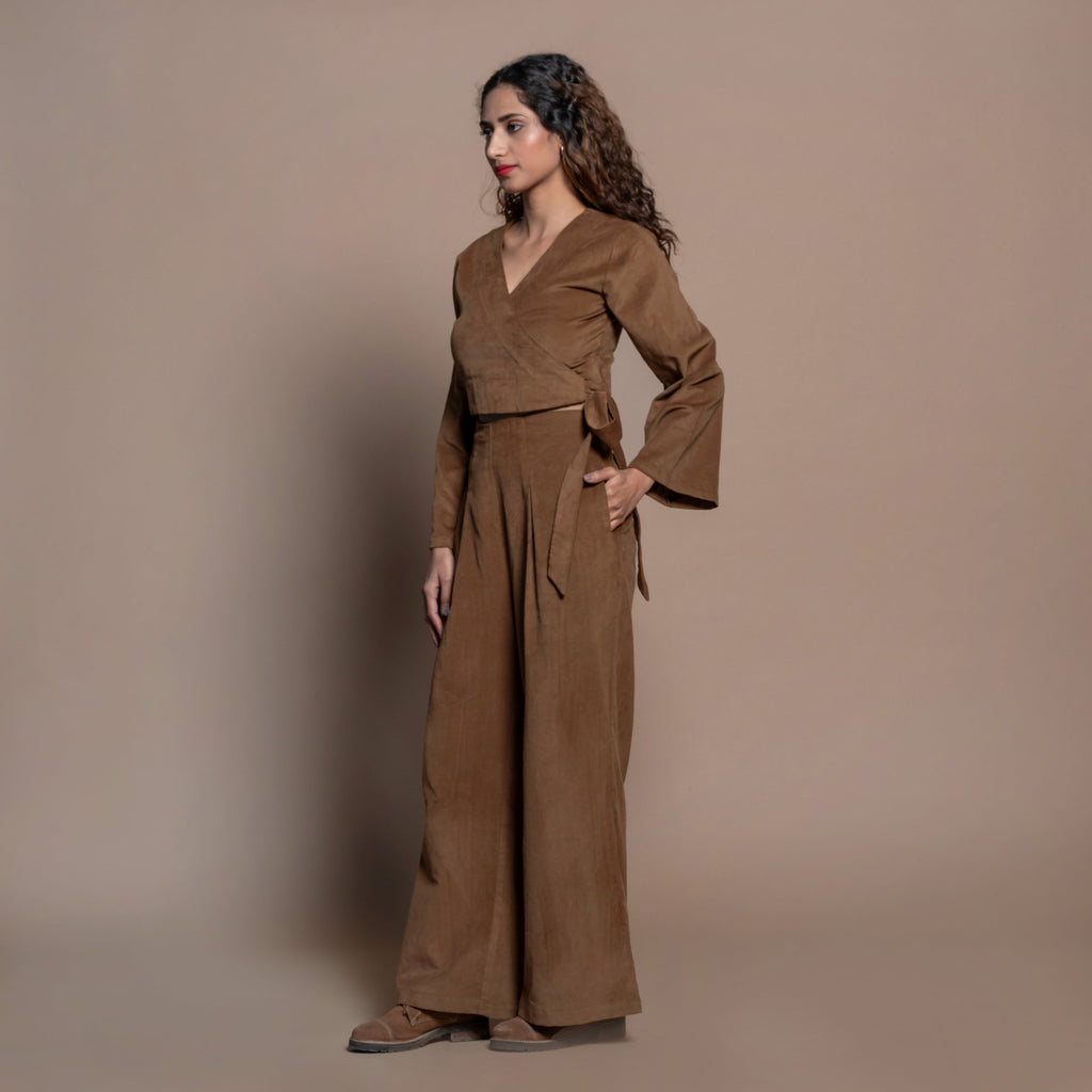 Right View of a Model wearing Camel Brown Velvet Wrap Top and Pant Set