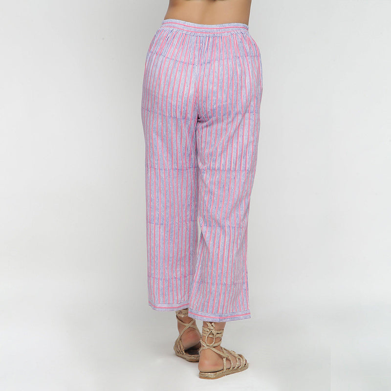 Back View of a Model wearing Pink and Blue Block Printed Cotton Pant