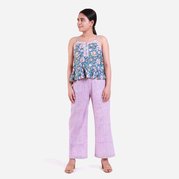 Front View of a Model wearing Camisole Top and Pink and Blue Pant Set