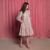 Right View of a Model wearing Champagne Chanderi Button Down Tier Dress