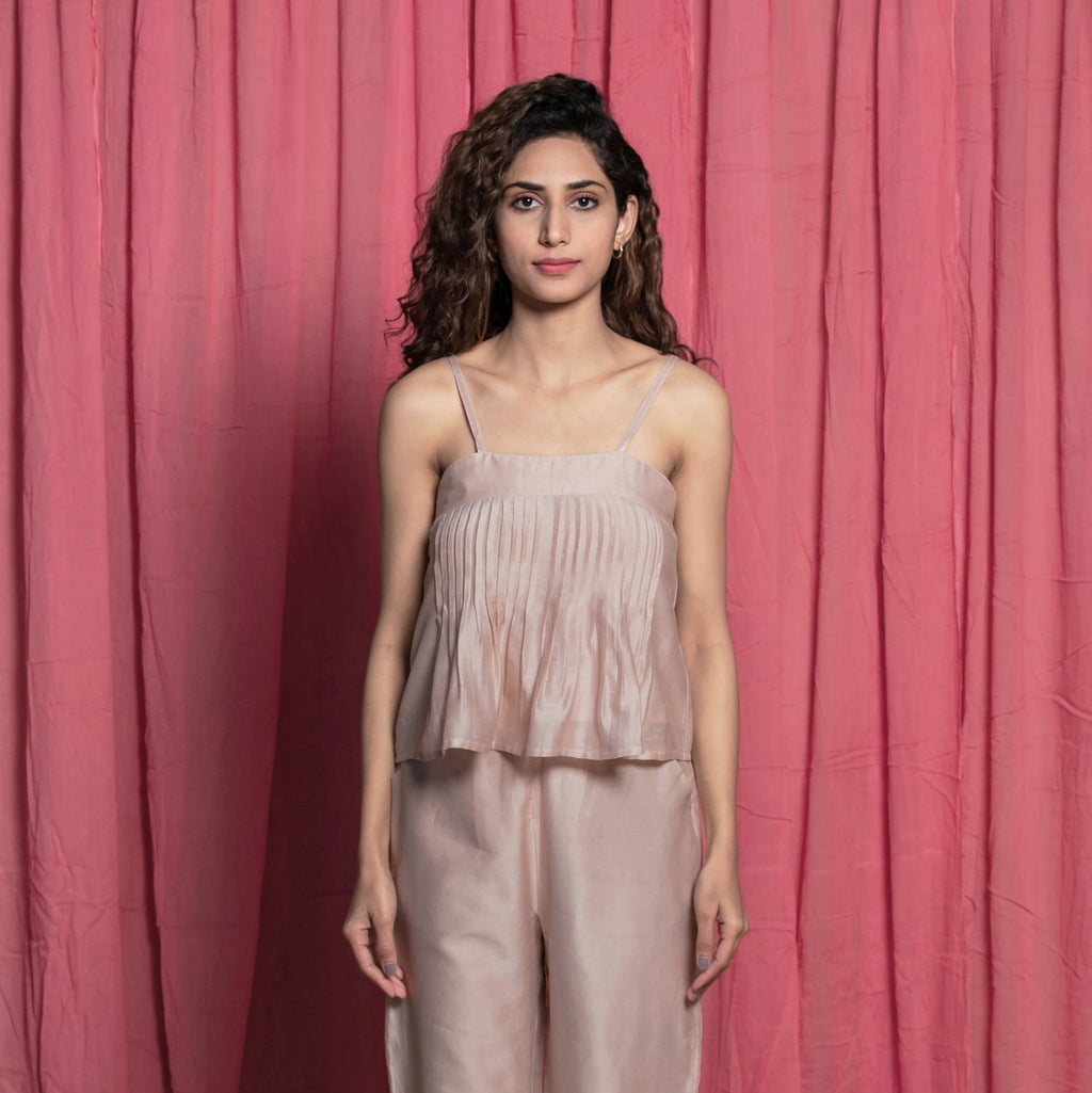 Front View of a Model wearing Champagne Chanderi Flared Crop Top