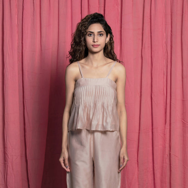 Front View of a Model wearing Champagne Chanderi Flared Crop Top