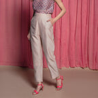 Front View of a Model wearing Champagne Chanderi High Rise Straight Pants