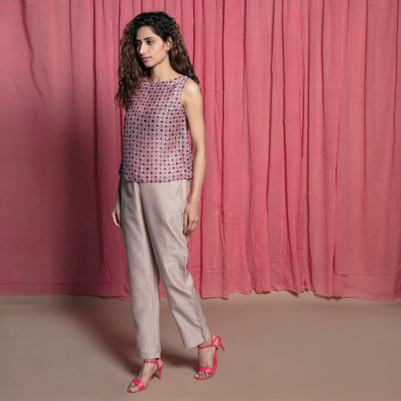 Left View of a Model wearing Champagne Chanderi High Rise Straight Pants