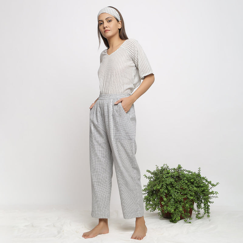 Left View of a Model wearing Checkered Handspun Pull-On Straight Fit Pant