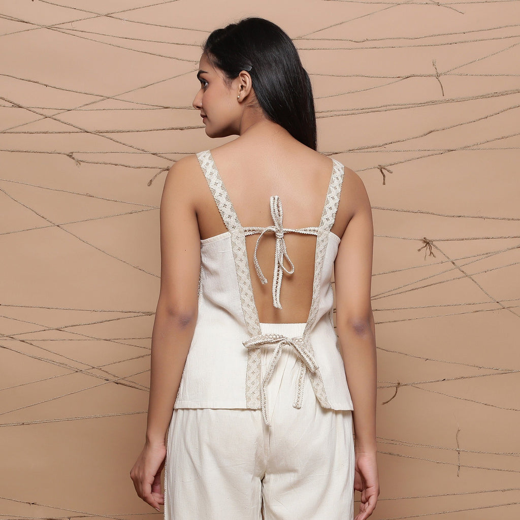 Back Detail of a Model wearing Handspun Jute Laced Tank Top and Pant Set
