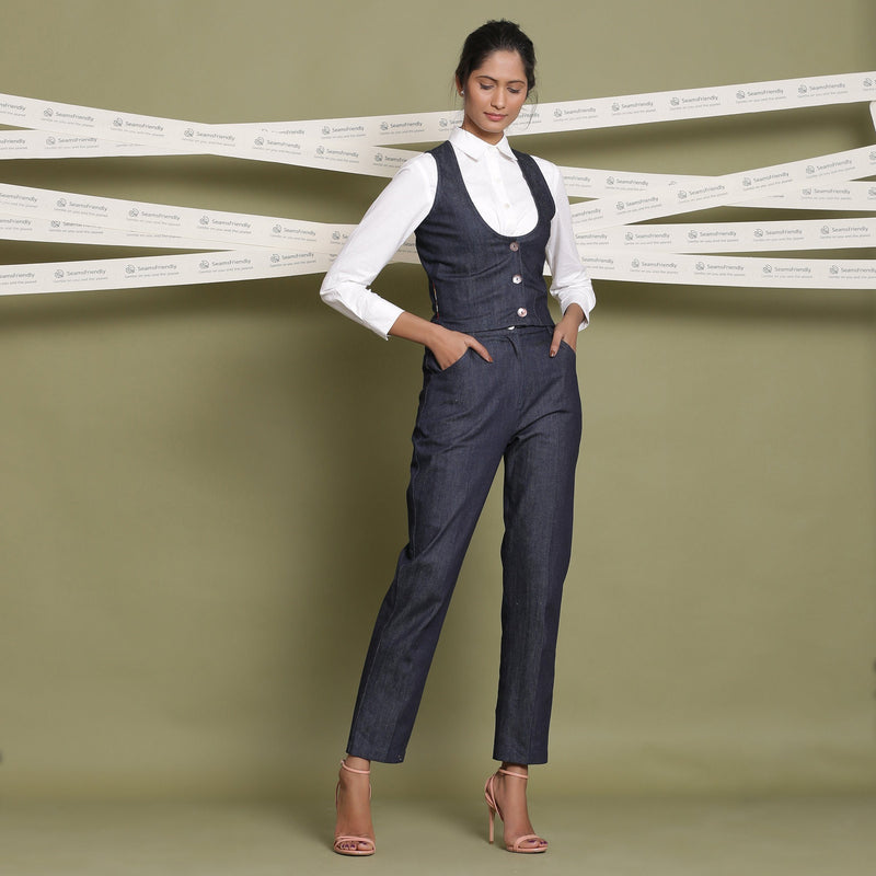 Front View of a Model wearing Classic White and Indigo 3-Piece Set