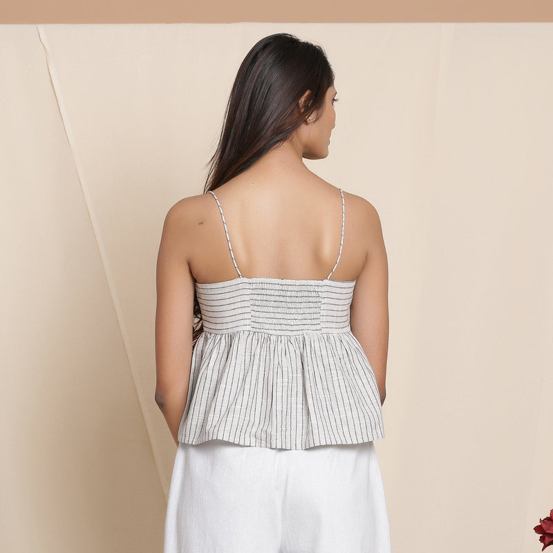 Back View of a Model wearing Cloudy Grey Striped Cami Top