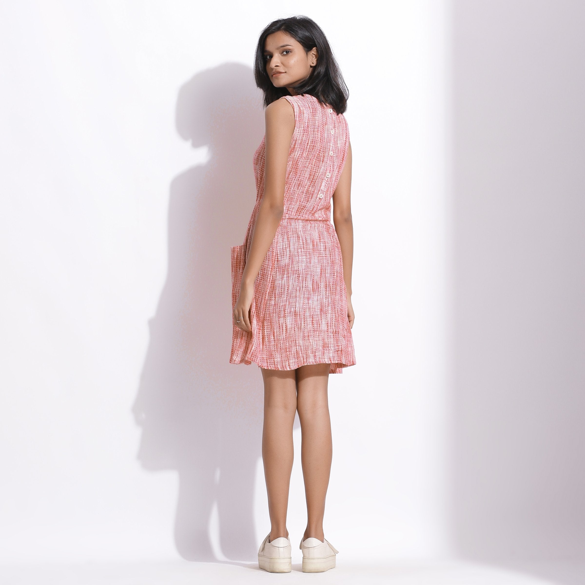 Back View of a Model wearing Comfy Cotton Red Princess Line Short Dress