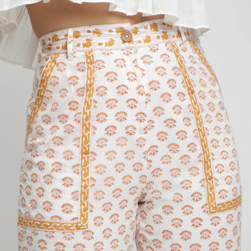 Front Detail of a Model wearing Hand-Block Printed Floral Straight Pant