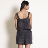 Back View of a Model wearing Comfy Navy Blue Striped Cami and Shorts Set