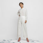 Front View of a Model wearing Crisp White Organic Cotton Top and Pant Set