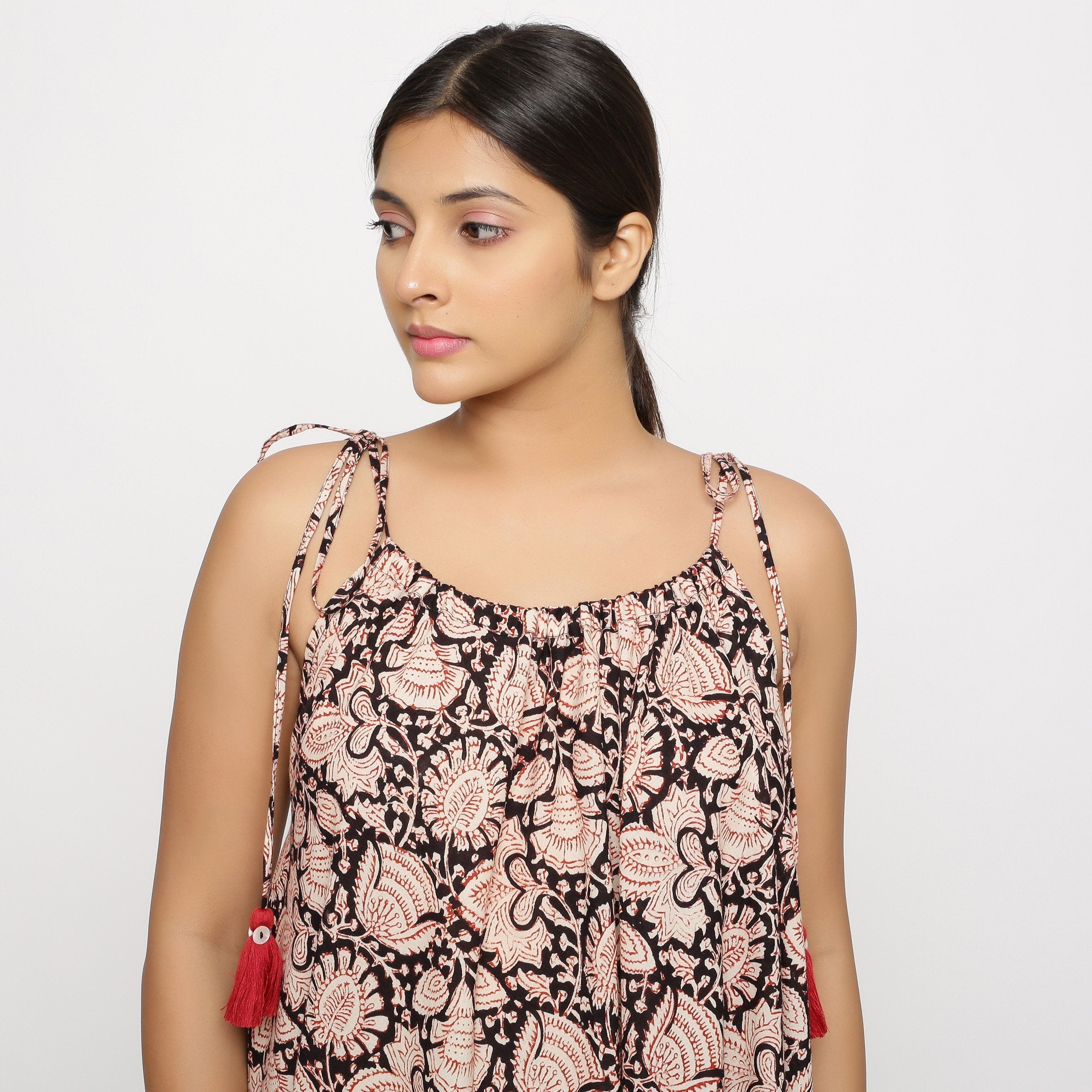 Front Detail of a Model wearing Convertible 3-Way Beige Skirt Dress