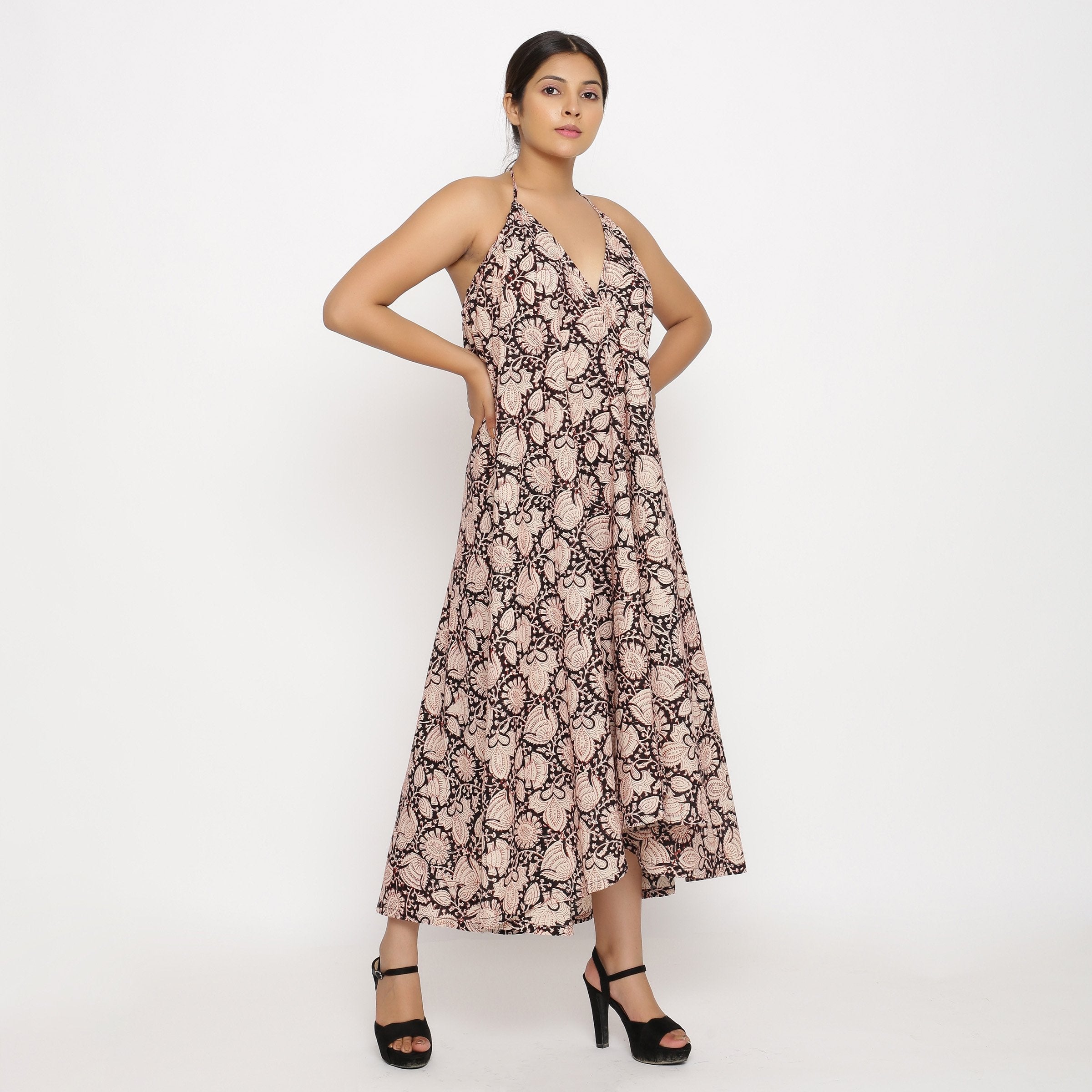 Front View of a Model wearing Convertible 3-Way Beige Skirt Dress
