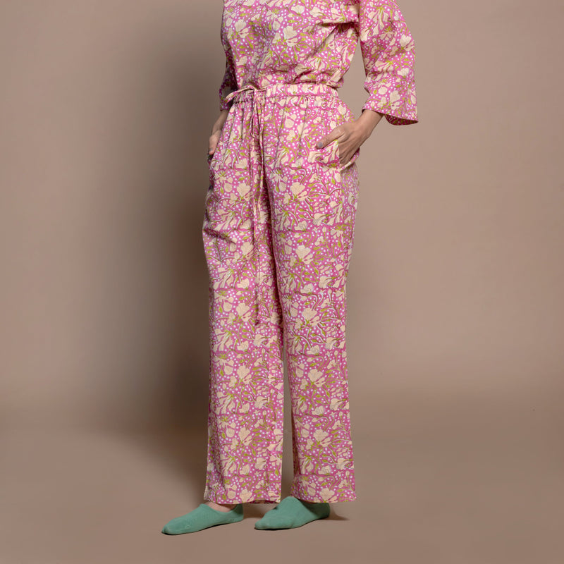 Left View of a Model wearing Fuchsia Floral Block Print Cotton Comfy Pants