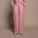 Front View of a Model wearing Fuchsia Floral Block Print Cotton Comfy Pants