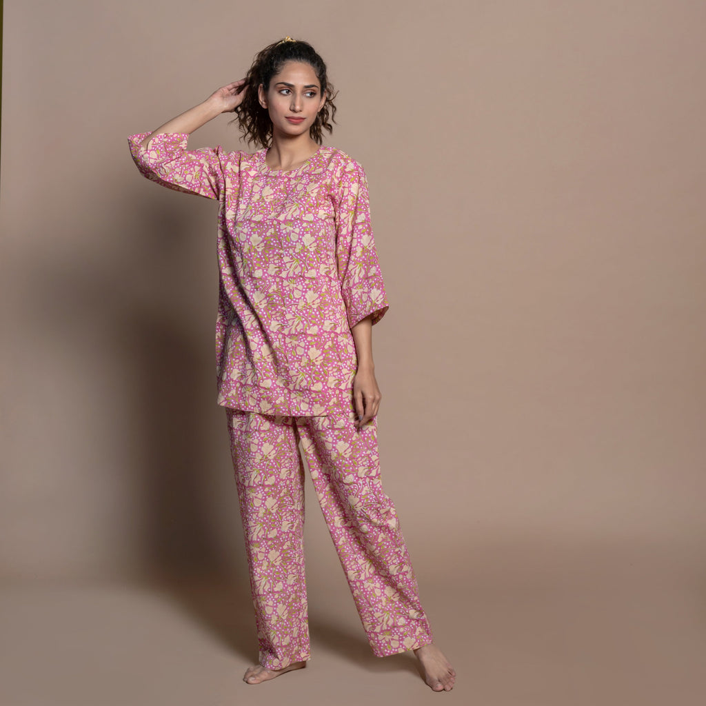 Front View of a Model wearing Cotton Block Print Comfy Loungewear Set