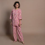 Front View of a Model wearing Cotton Block Print Comfy Loungewear Set