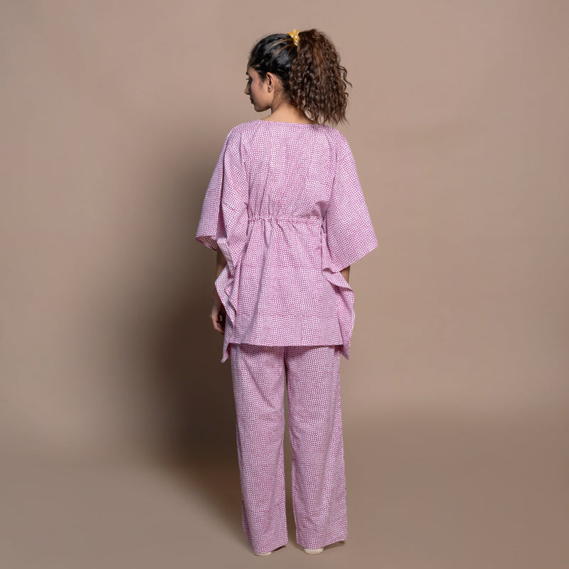 Back View of a Model wearing Cotton Block Print Kaftan Top and Pant Set