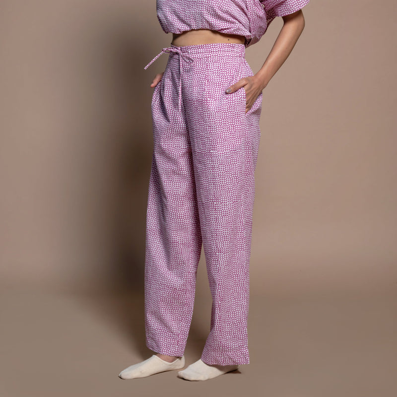 Left View of a Model wearing Wine Hand Block Print Cotton Comfy Pants