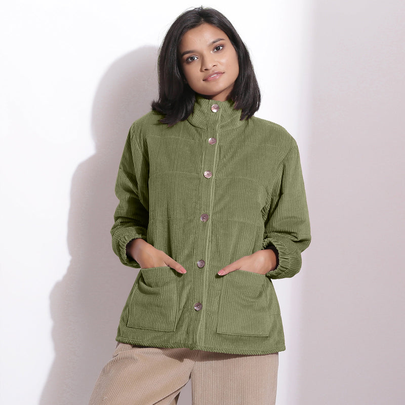 Front View of a Model wearing Sage Green Corduroy Quilted Puffer Jacket