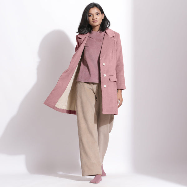 Front View of a Model wearing Cotton Corduroy 3-Piece Set with Long Coat