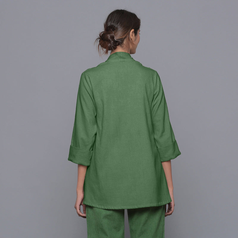 Back View of a Model wearing Moss Green Corduroy Front Open Overlay