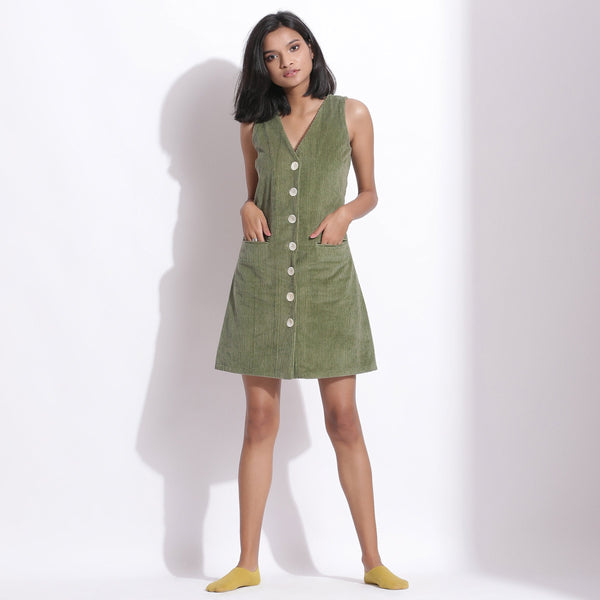 Front View of a Model wearing Cotton Corduroy Green Button-Down Dress