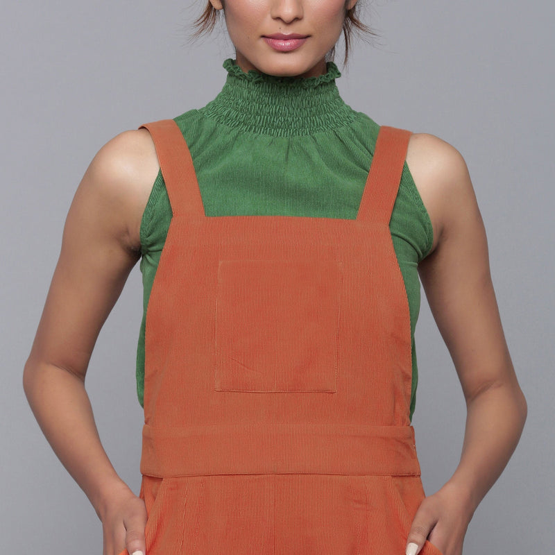 Front Detail of a Model wearing Cotton Corduroy High Neck Top and Dungaree Set