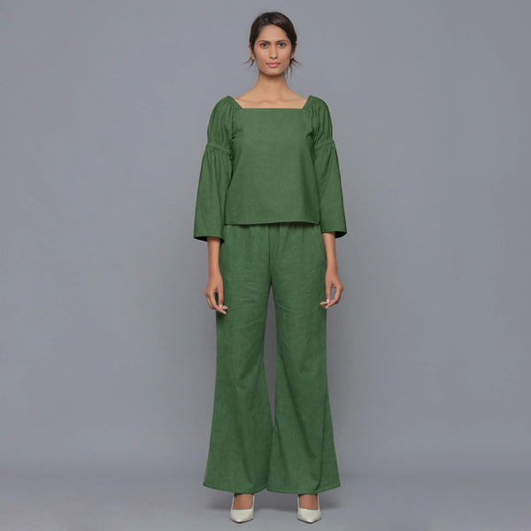Front View of a Model wearing Cotton Corduroy Moss Green Top and Pant Set