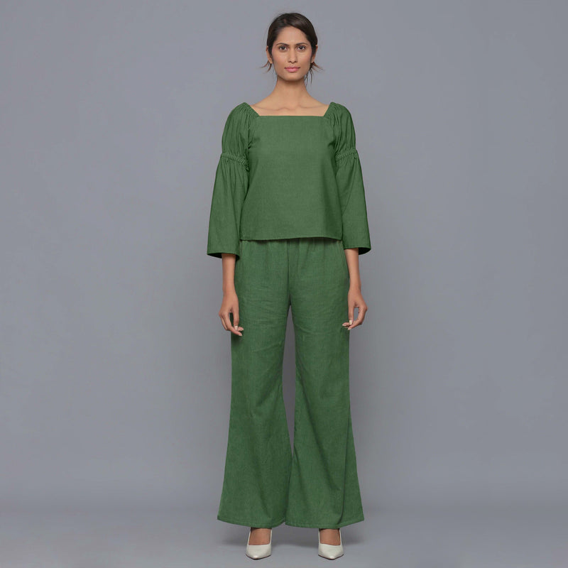Front View of a Model wearing Cotton Corduroy Moss Green Top and Pant Set