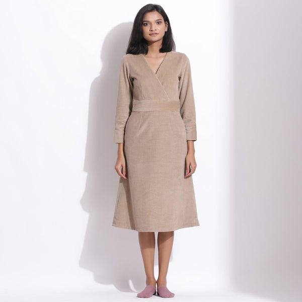 Front View of a Model wearing Cotton Corduroy Taupe Beige Surplice Dress