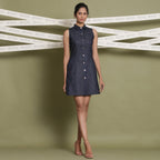 Front View of a Model wearing Cotton Denim Button-Down Shirt Dress