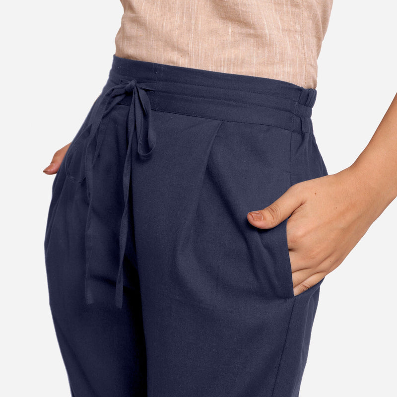 Front Detail of a Model wearing Blue Cotton Flax Wide Legged Pant