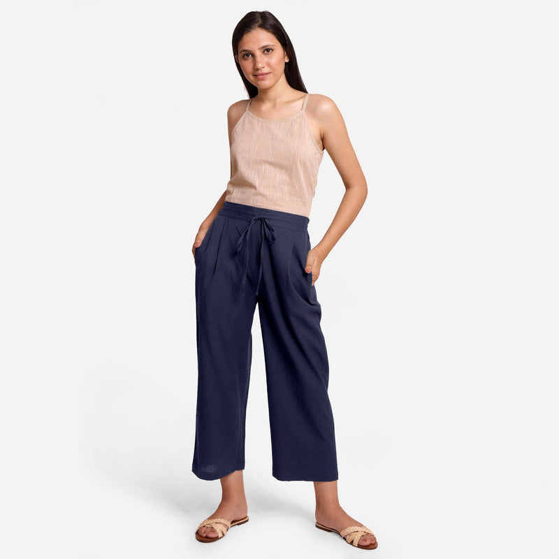 Front View of a Model wearing Cotton Flax Spaghetti Top and Blue Pant Set