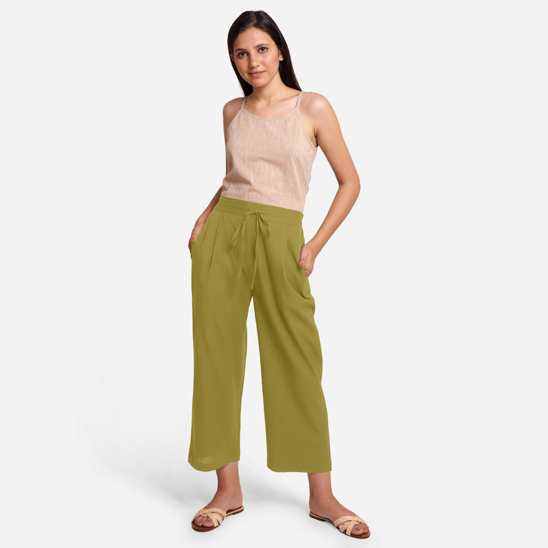 Front View of a Model wearing Cotton Flax Top and Olive Green Pant Set