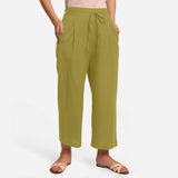 Front View of a Model wearing Olive Green Cotton Flax Wide Legged Pant