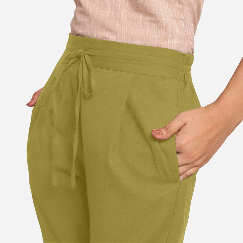 Front Detail of a Model wearing Olive Green Cotton Flax Wide Legged Pant