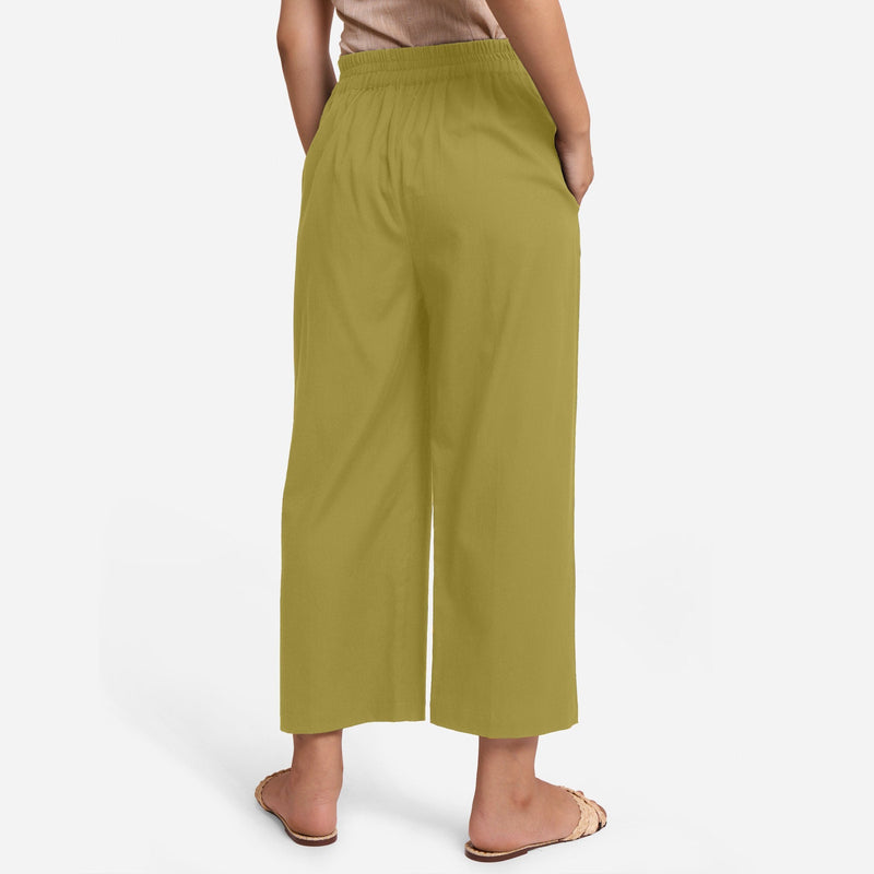 Back View of a Model wearing Olive Green Cotton Flax Wide Legged Pant