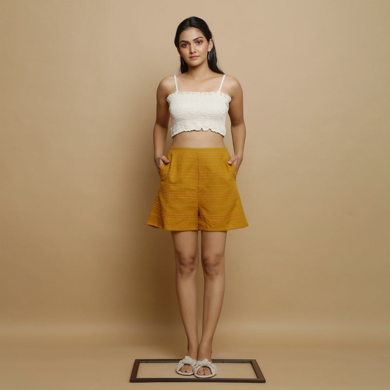Front View of a Model Wearing Cotton Flax Tube Top and Striped Shorts Set