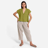 Front View of a Model wearing Cotton Paneled Top and Beige Pegged Pant Set