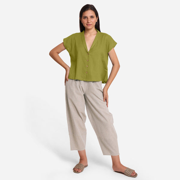 Front View of a Model wearing Cotton Paneled Top and Beige Pegged Pant Set
