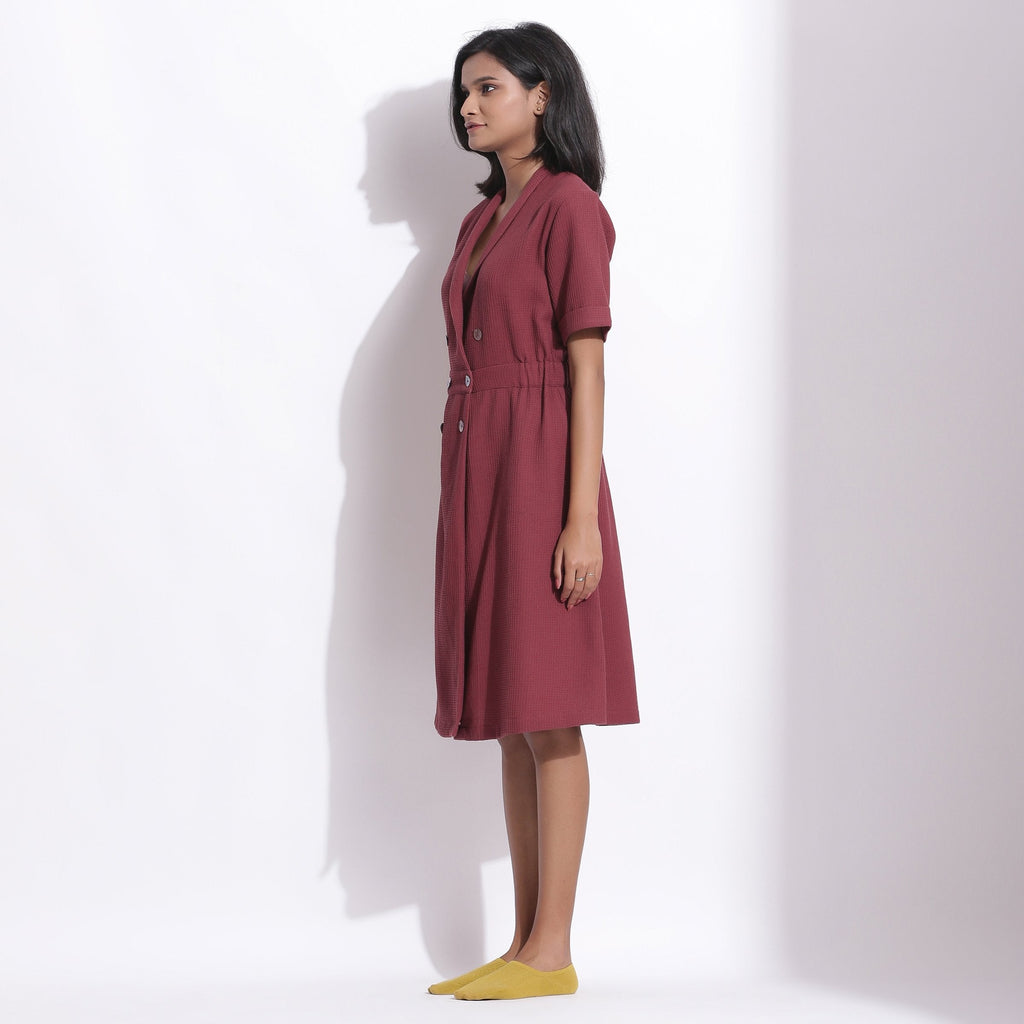 Left View of a Model wearing Cotton Waffle Barn Red Coat Dress