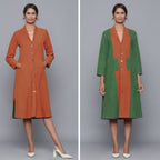 Front View of a Model wearing Reversible Convertible Corduroy Button Down Jacket Dress