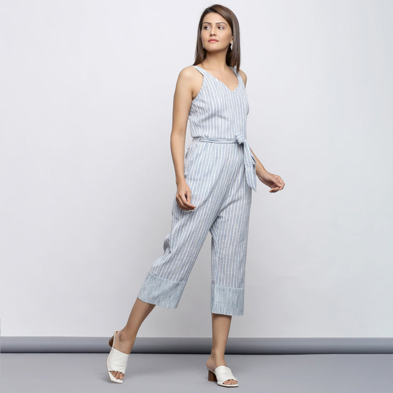 Right View of a Model wearing Crinkled Cotton Straight Fit Jumpsuit