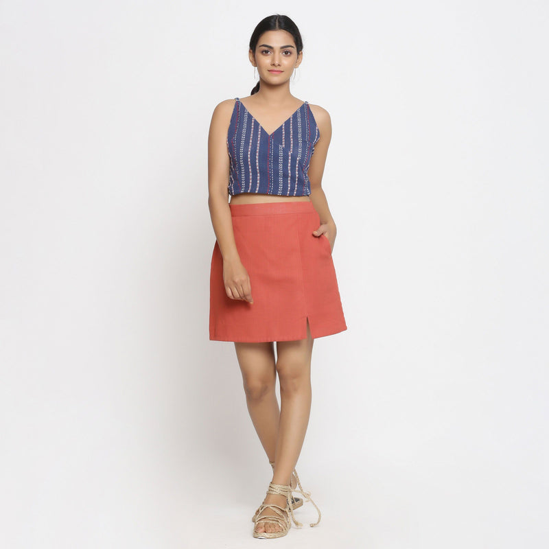 Front View of a Model wearing Crinkled V-Neck Top and Brick Red Skirt Set