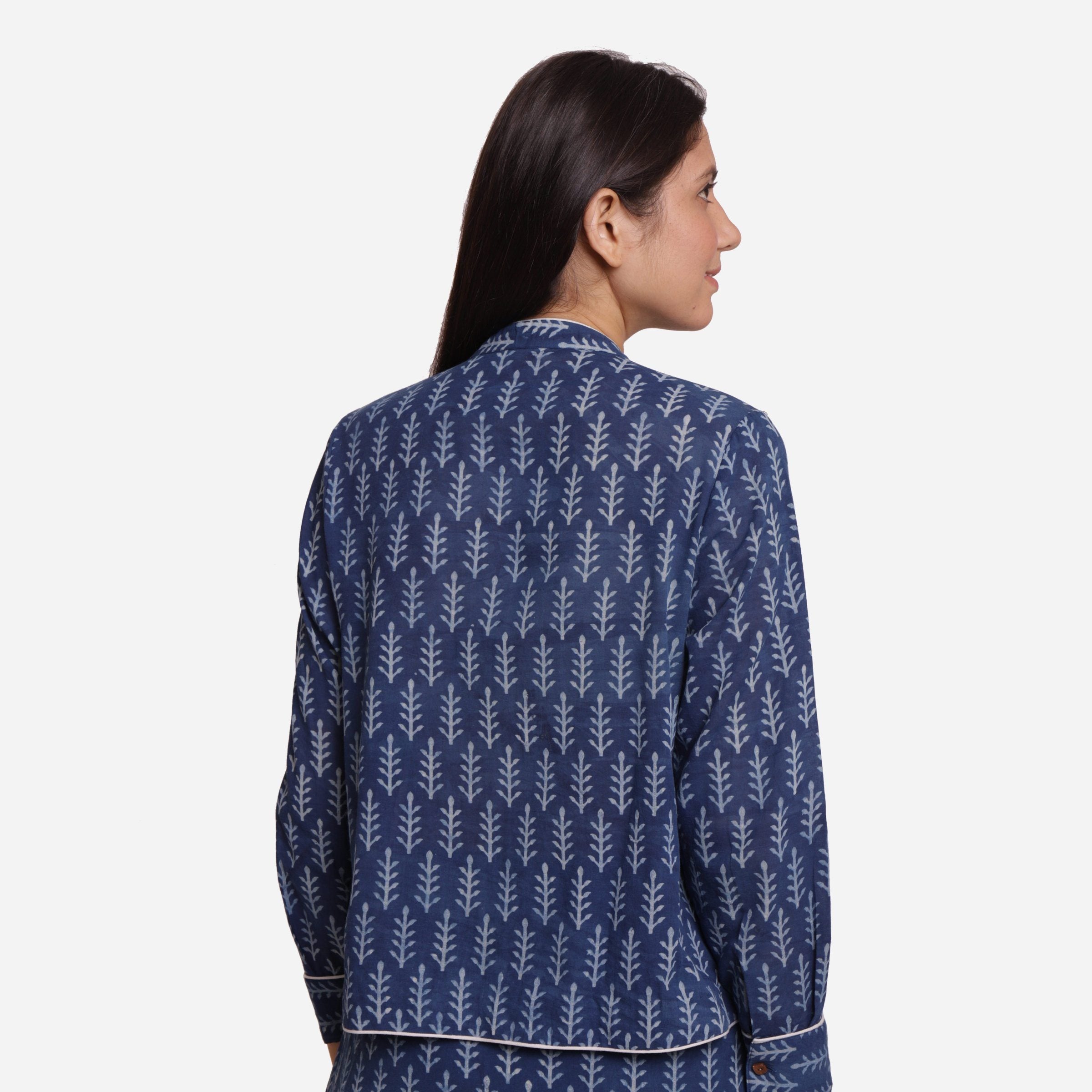 Back View of a Model wearing Indigo Dabu Block Printed Button-Down Shirt